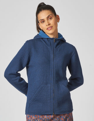 Damen Kapuzenjacke mit Doppelreißverschluss und Taschen aus Bio-Wolle dark denim