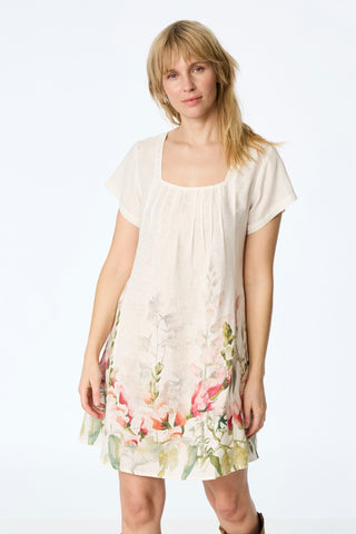Leinenkleid mit floralem Aquarell-Print und Biesen-Details