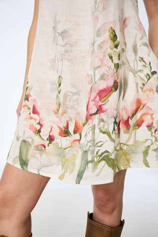 Leinenkleid mit floralem Aquarell-Print und Biesen-Details