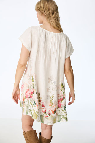 Leinenkleid mit floralem Aquarell-Print und Biesen-Details