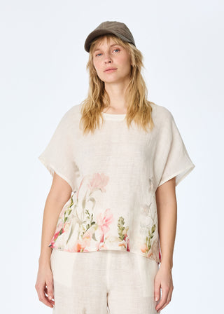 Kurzarm-Top aus reinem Leinen mit floralem Druck