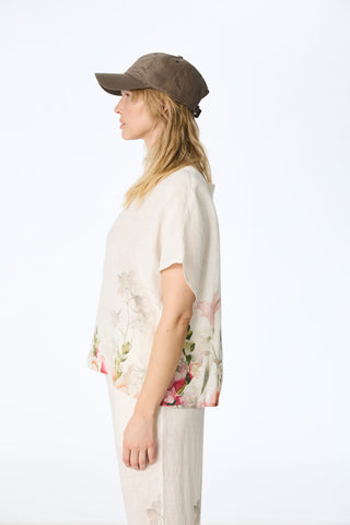 Kurzarm-Top aus reinem Leinen mit floralem Druck