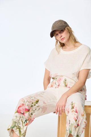 Kurzarm-Top aus reinem Leinen mit floralem Druck