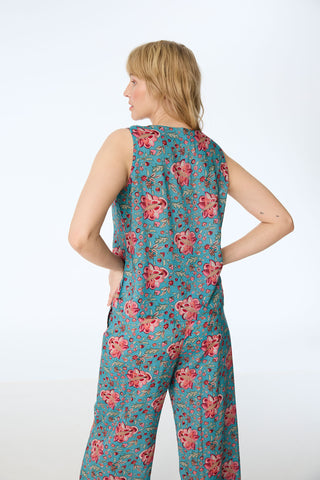 Top aus Modal in Türkis/Koralle mit floralem Dessin