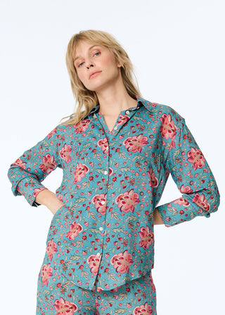 Bluse aus Modal in Türkis/Koralle mit floralem Print