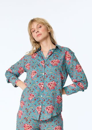 Bluse aus Modal in Türkis/Koralle mit floralem Print