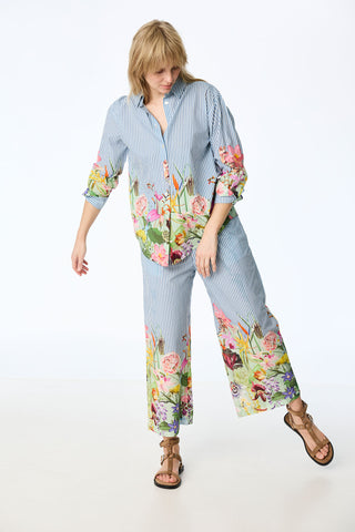 Gestreifte Baumwoll-Hose mit floralem Saum-Print