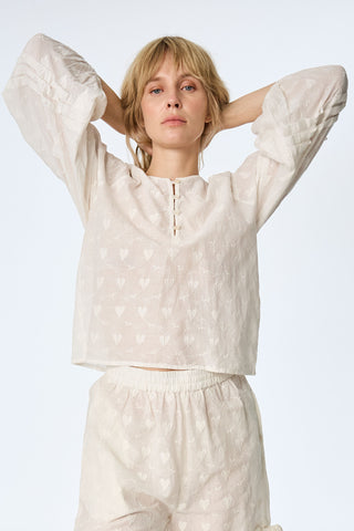 Baumwoll-Bluse mit Allover-Stickerei und Trompetenärmeln