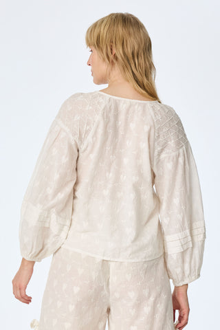 Baumwoll-Bluse mit Allover-Stickerei und Trompetenärmeln